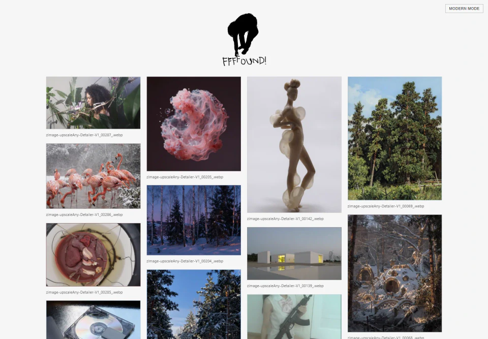 FFFOUND! classic mode: a four-column masonry grid of found images with filenames, beneath a black FFFFOUND! logo.