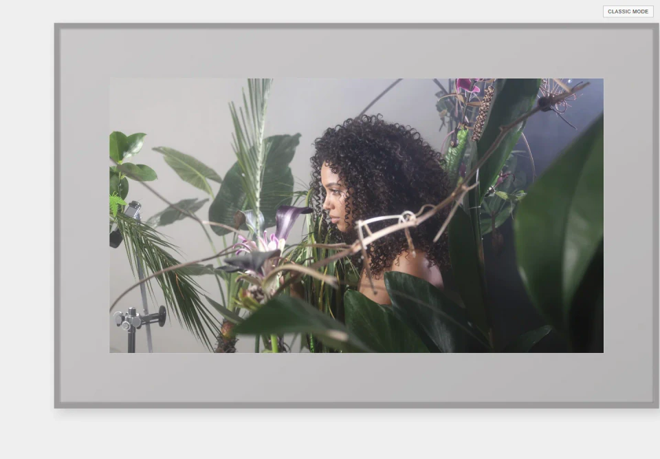 Single-column image view: a portrait of a person among large leaves, set inside a pale grey sampled mat.