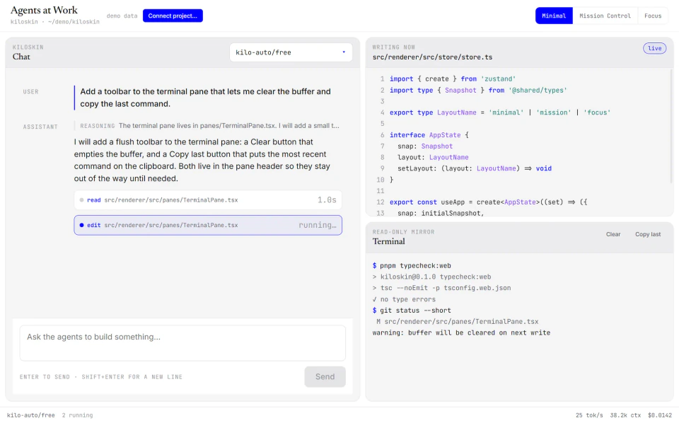 Kiloskin Minimal layout: chat at left, a pending edit to TerminalPane.tsx at top right, and a read-only terminal panel below it.