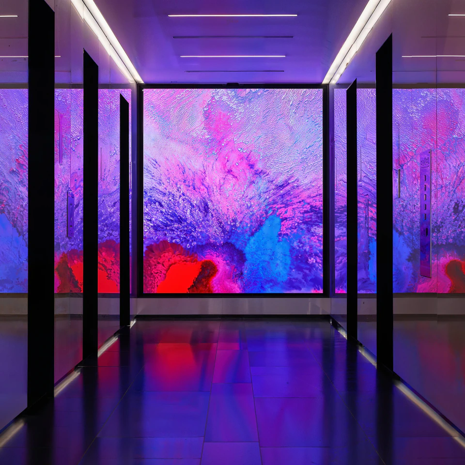 Emergence — vivid pink and blue painterly composition on the 1275K LED wall, mirrored walls reflecting the artwork