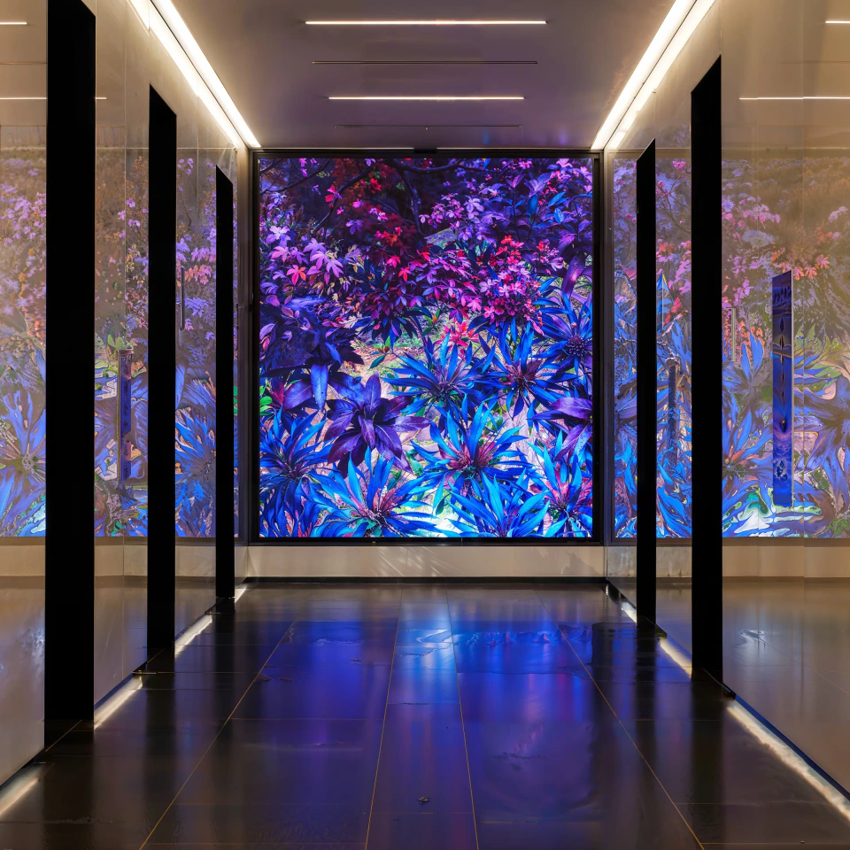 1275K Washington DC — Third Nature on the portrait LED wall in the building lobby, mirrored walls extending the generative garden