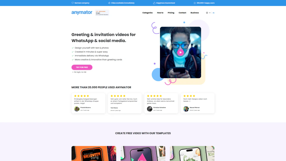anymator homepage — greeting and invitation videos for WhatsApp and social media, with a personalized video preview and customer reviews
