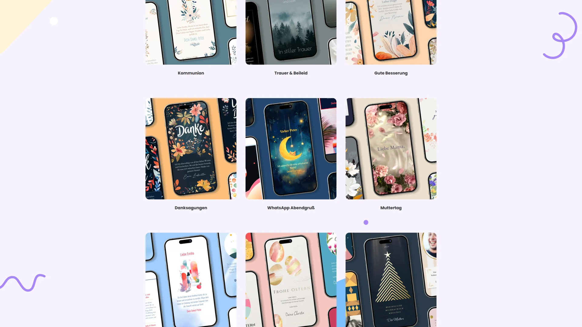 Grid of anymator template categories shown on iPhone mockups — Kommunion, Trauer & Beileid, Gute Besserung, Danksagungen, WhatsApp Abendgruß and Muttertag