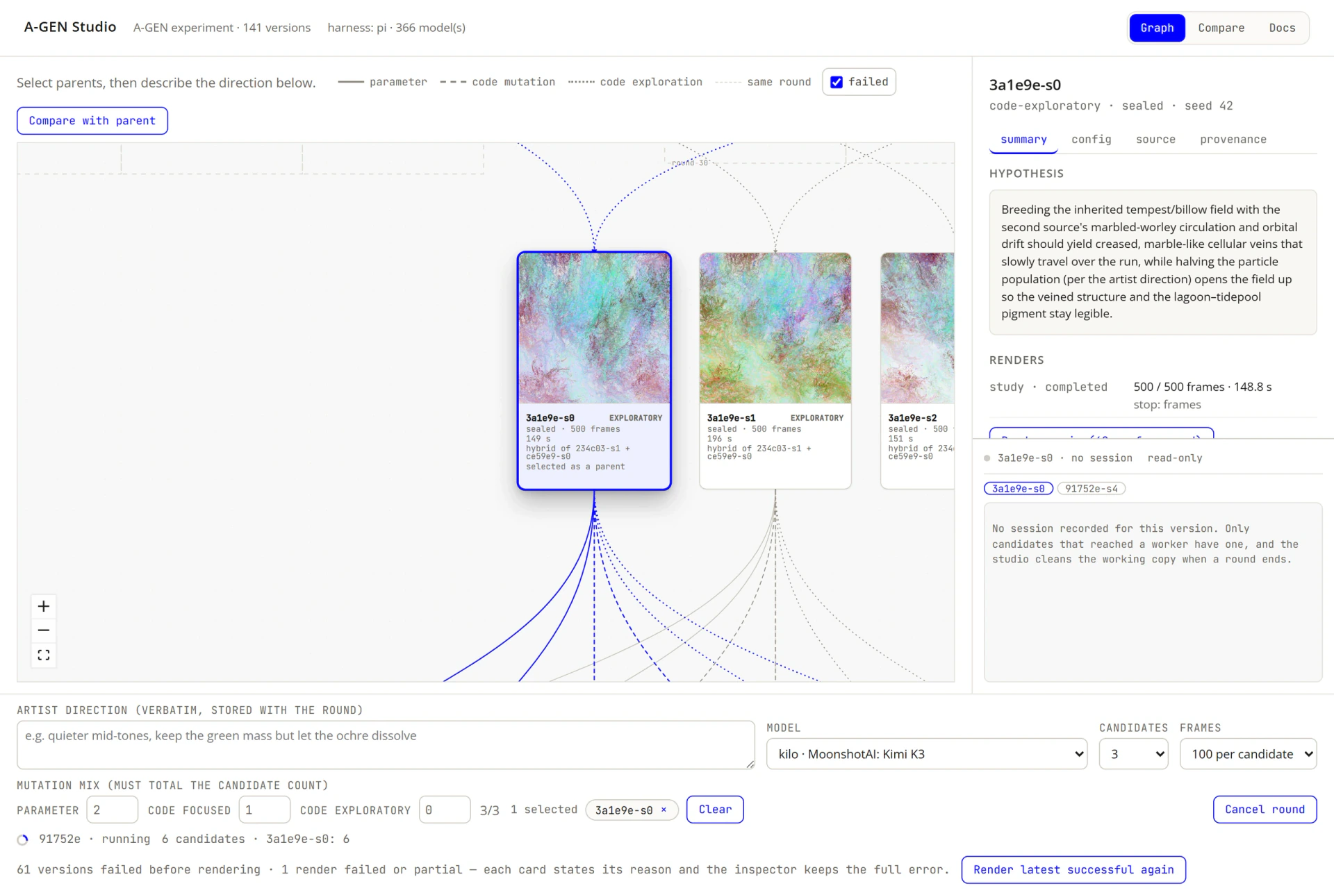 Graph view: a selected sealed version with its hybrid lineage and the inspector open