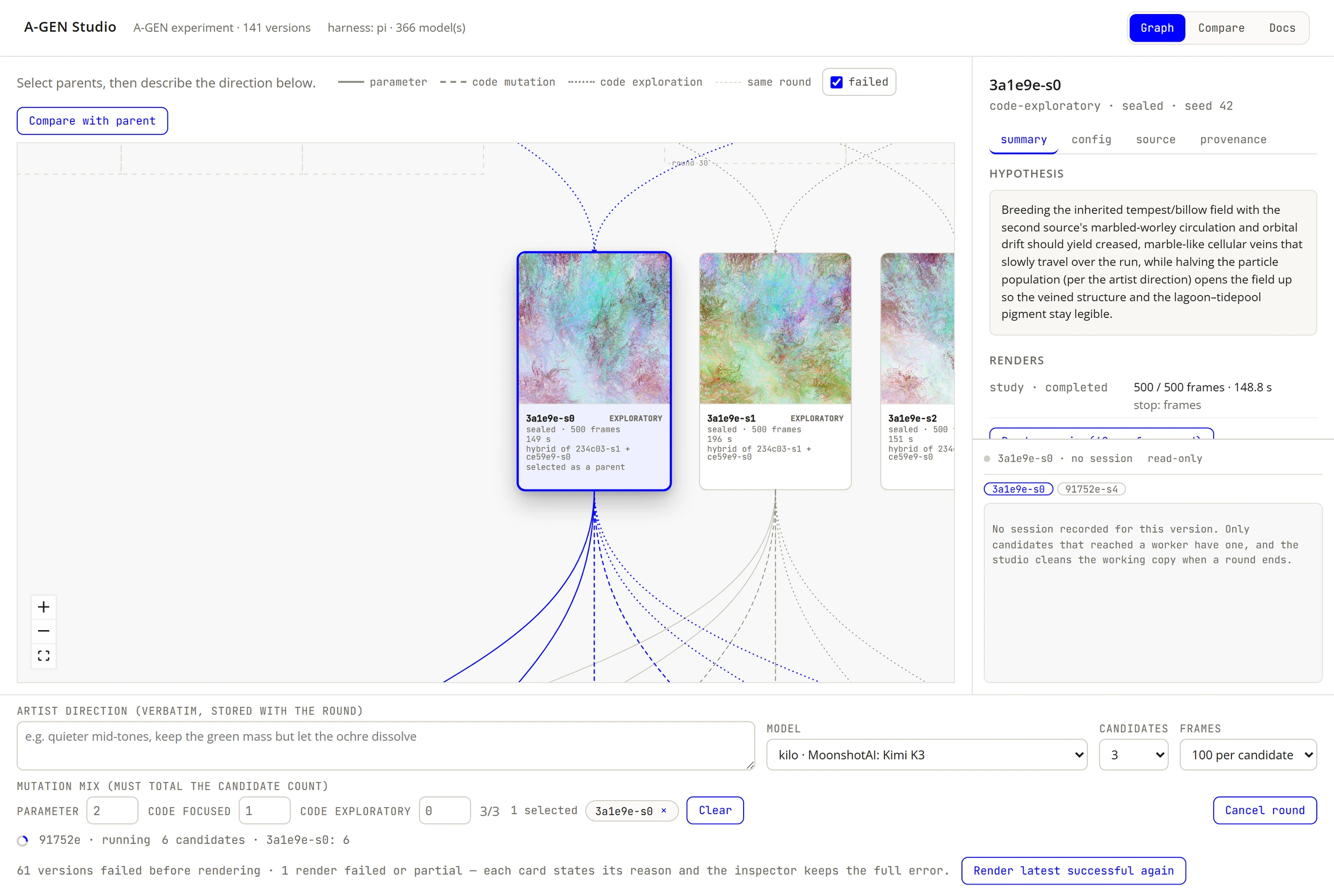 Graph view: a selected sealed version with its hybrid lineage and the inspector open