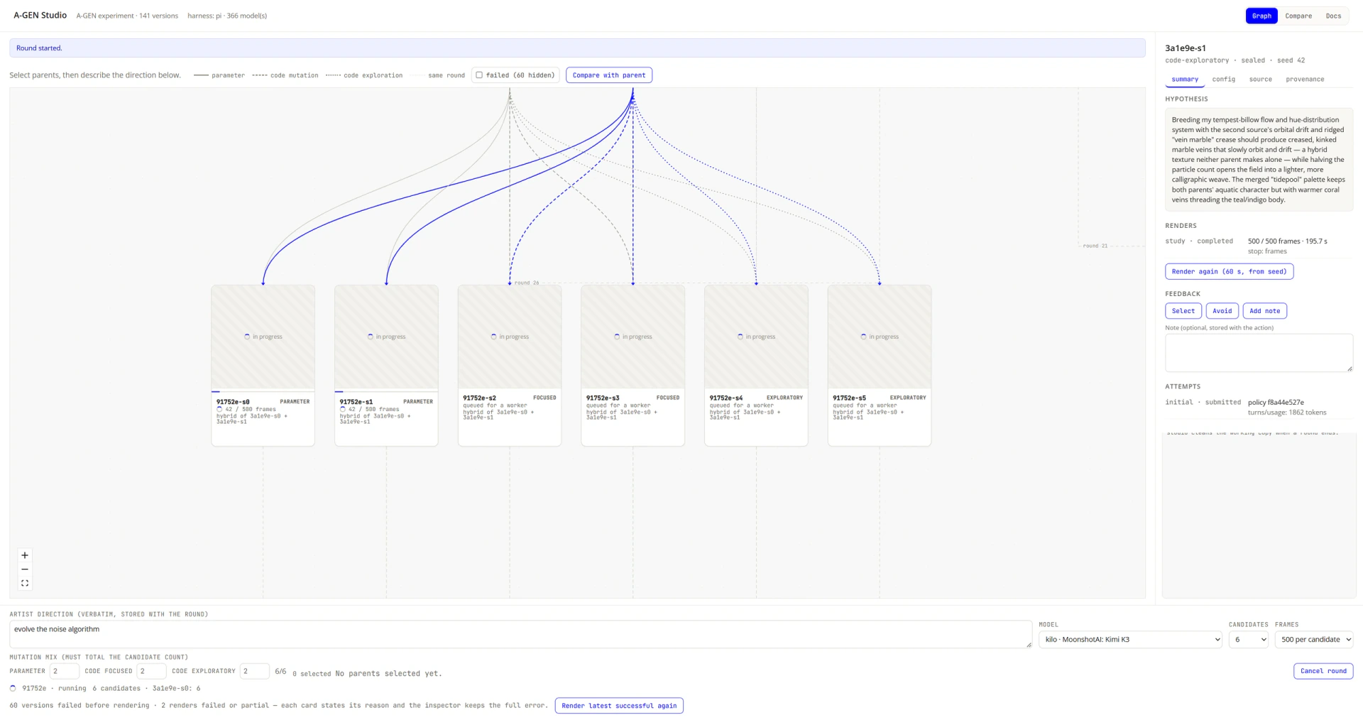 A running round of six hybrid candidates with one sealed sibling open in the inspector