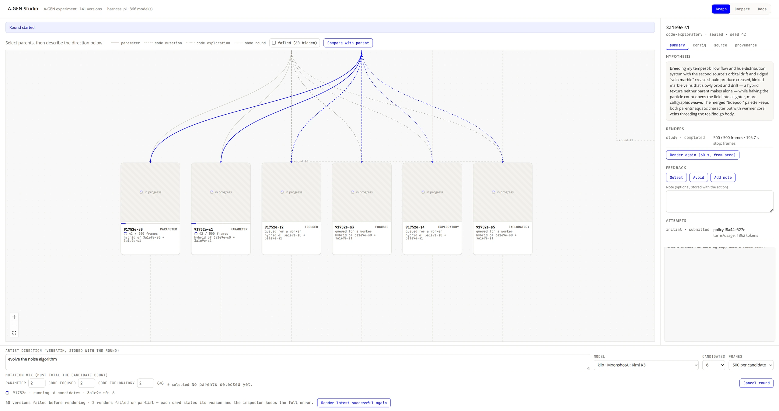 A running round of six hybrid candidates with one sealed sibling open in the inspector