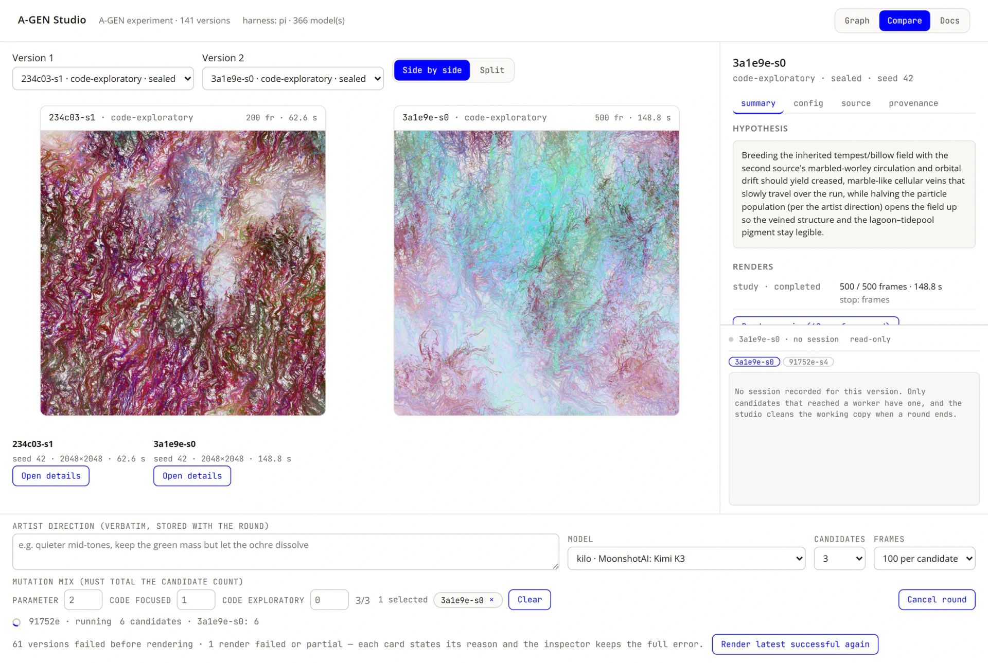 Compare view: two sealed versions side by side with frames and seconds