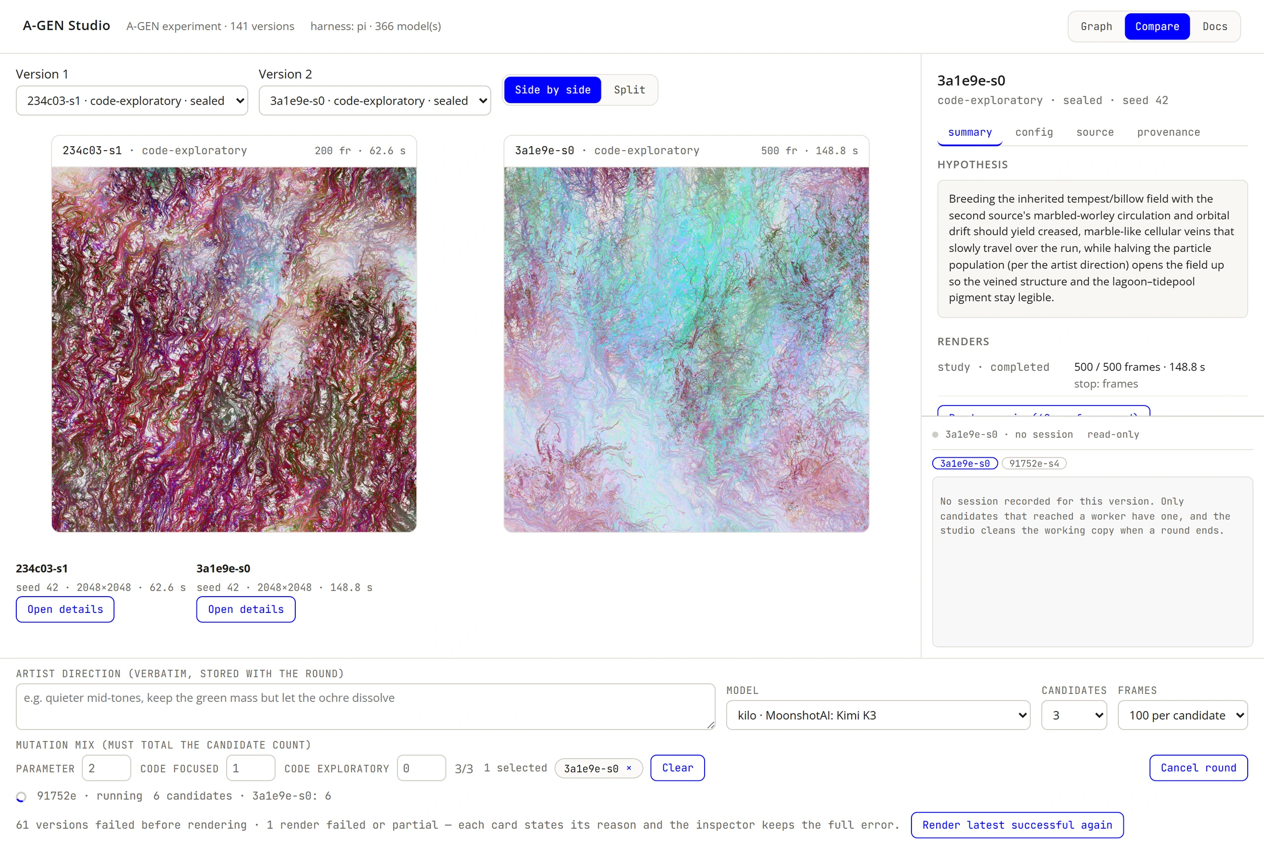 Compare view: two sealed versions side by side with frames and seconds