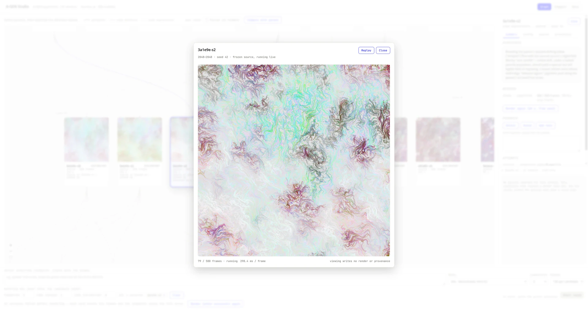 The live preview window: a version's artwork playing, with its frame count and duration, over the Graph view