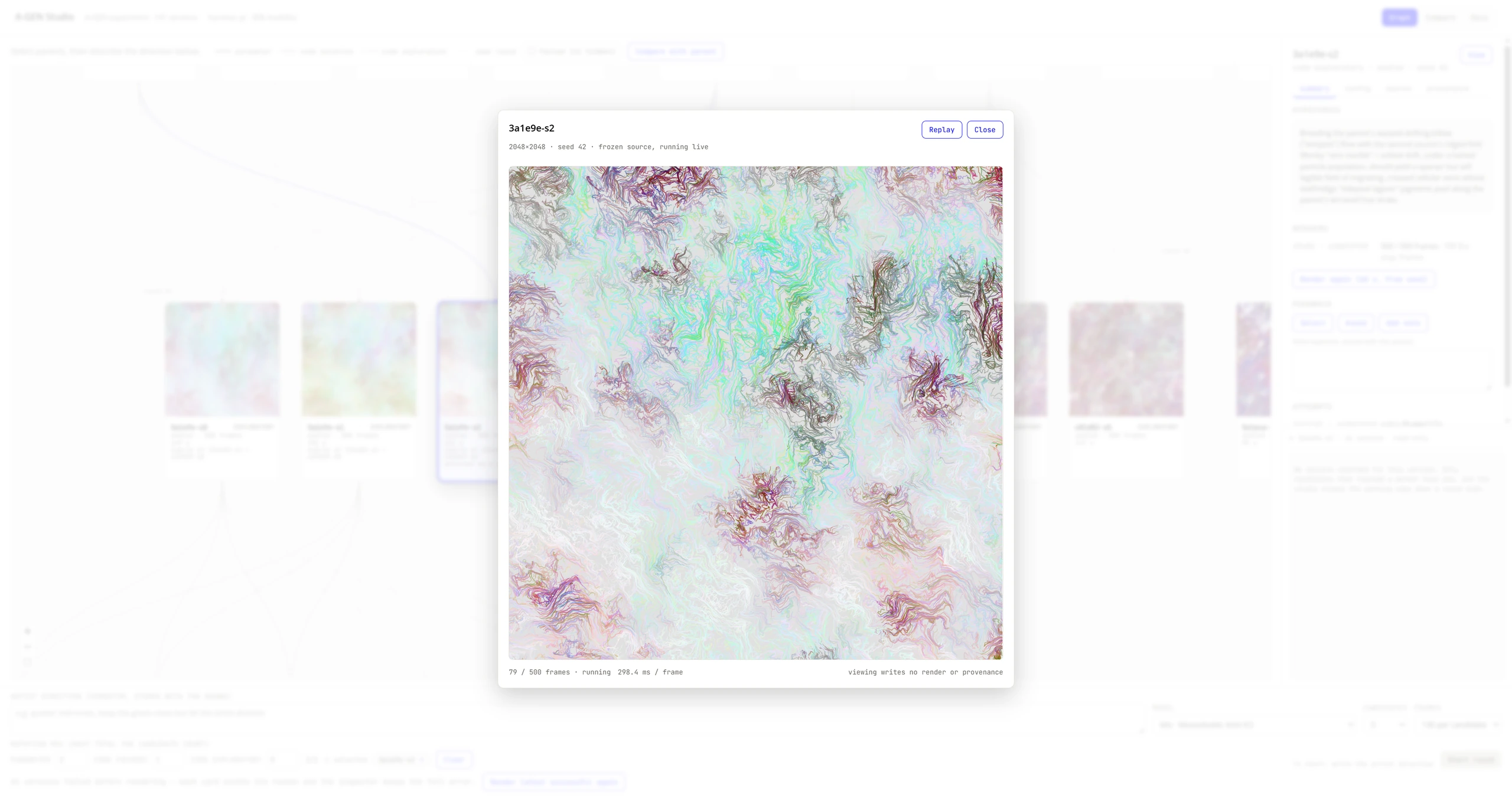 The live preview window: a version's artwork playing, with its frame count and duration, over the Graph view