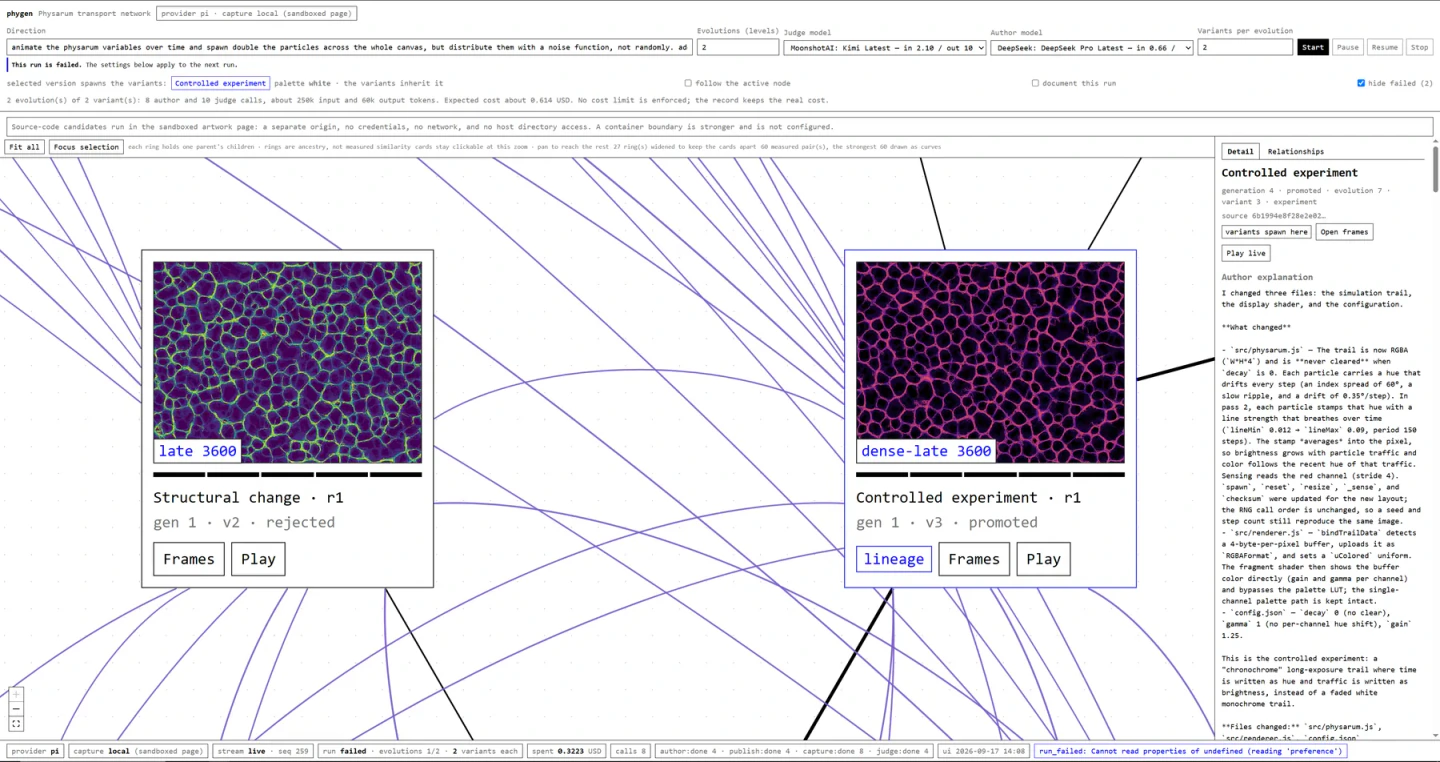 Two colored cellular network variants in the early graph interface, with the selected agent's source-change explanation in the right-hand inspector