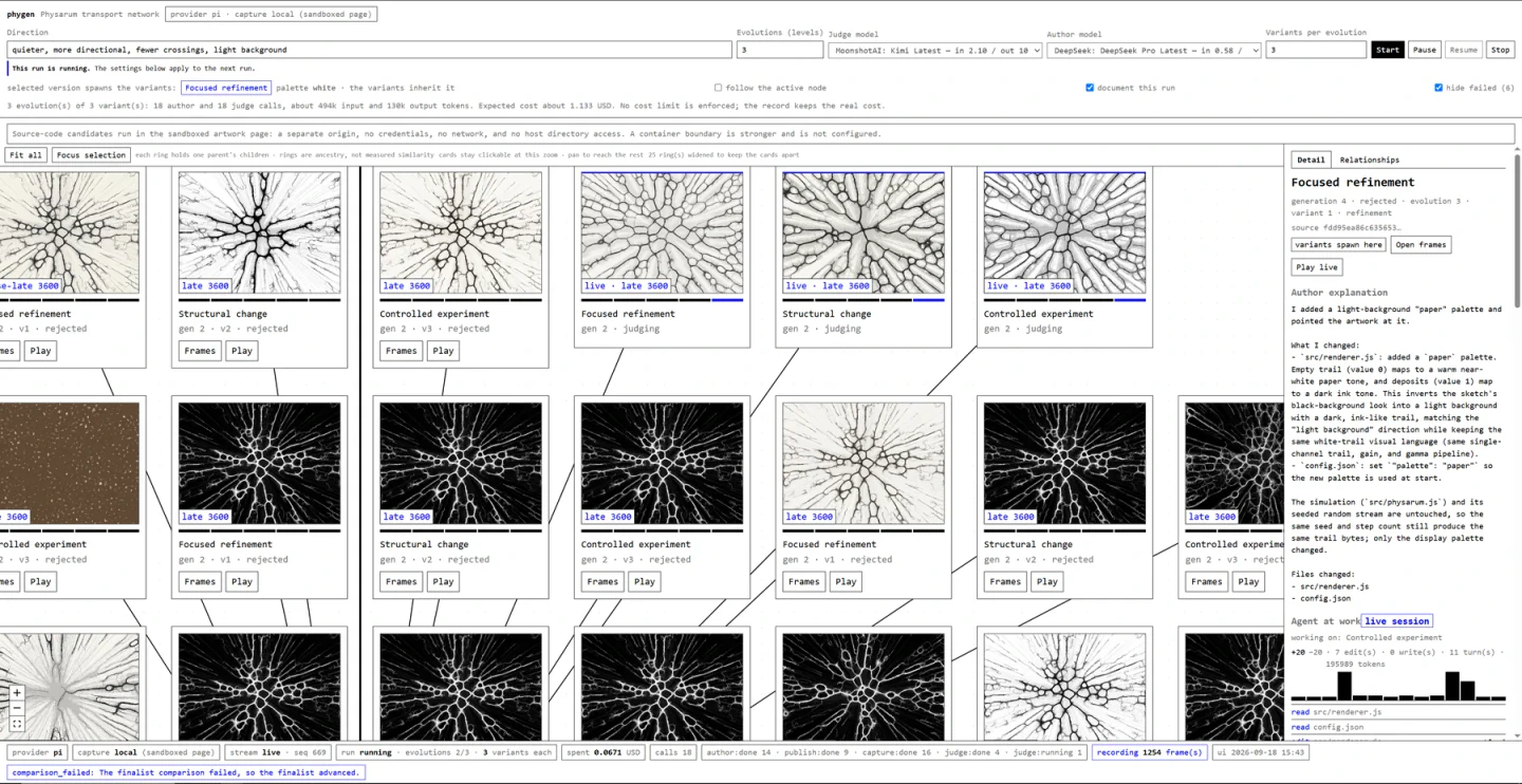 An overview of captured network variants in light and dark palettes, with candidate states and an agent explanation visible in the original tree interface