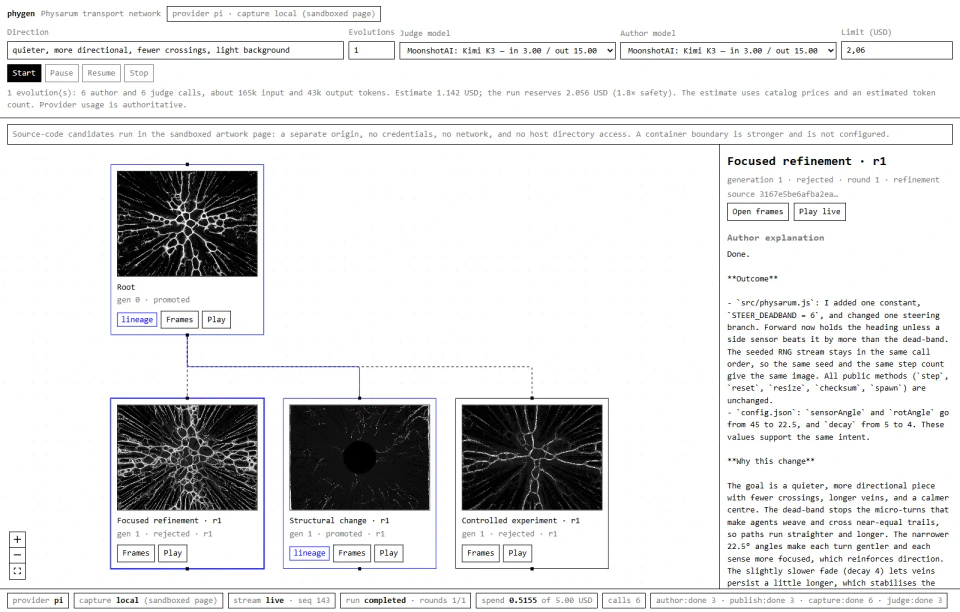 Phygen's early interface showing a parent simulation, three agent-generated variants and the coding agent's explanation of its source changes