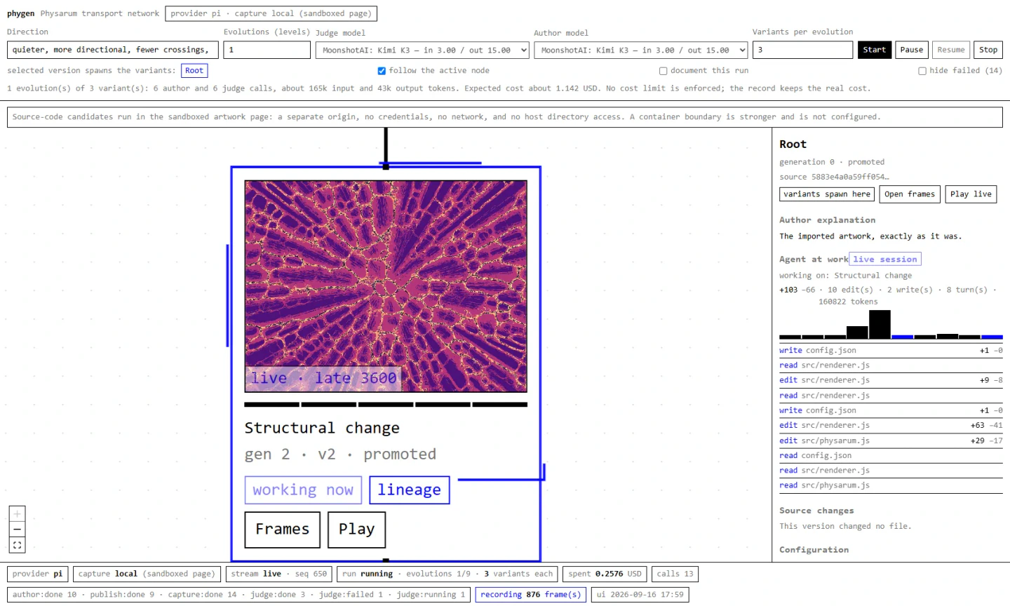 A large violet and orange network render beside a live agent feed listing file reads, edits, writes and usage counts